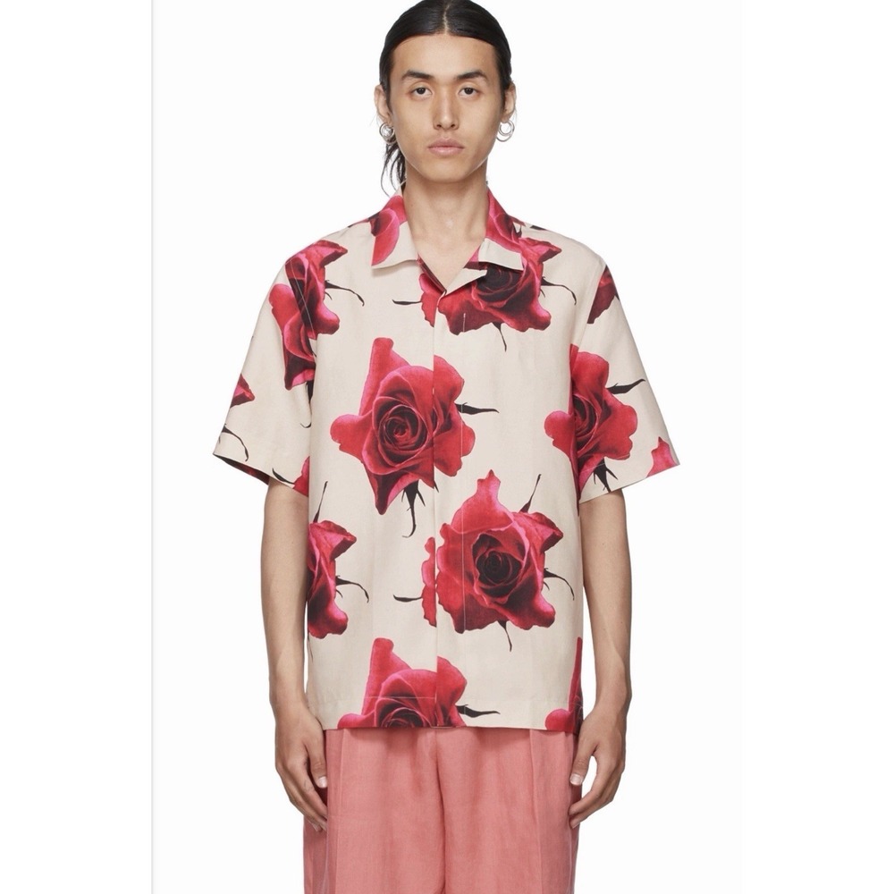 Paul Smith Beige & Pink Monarch Rose Short Camp Shirt Men Small Linen Blend $350
